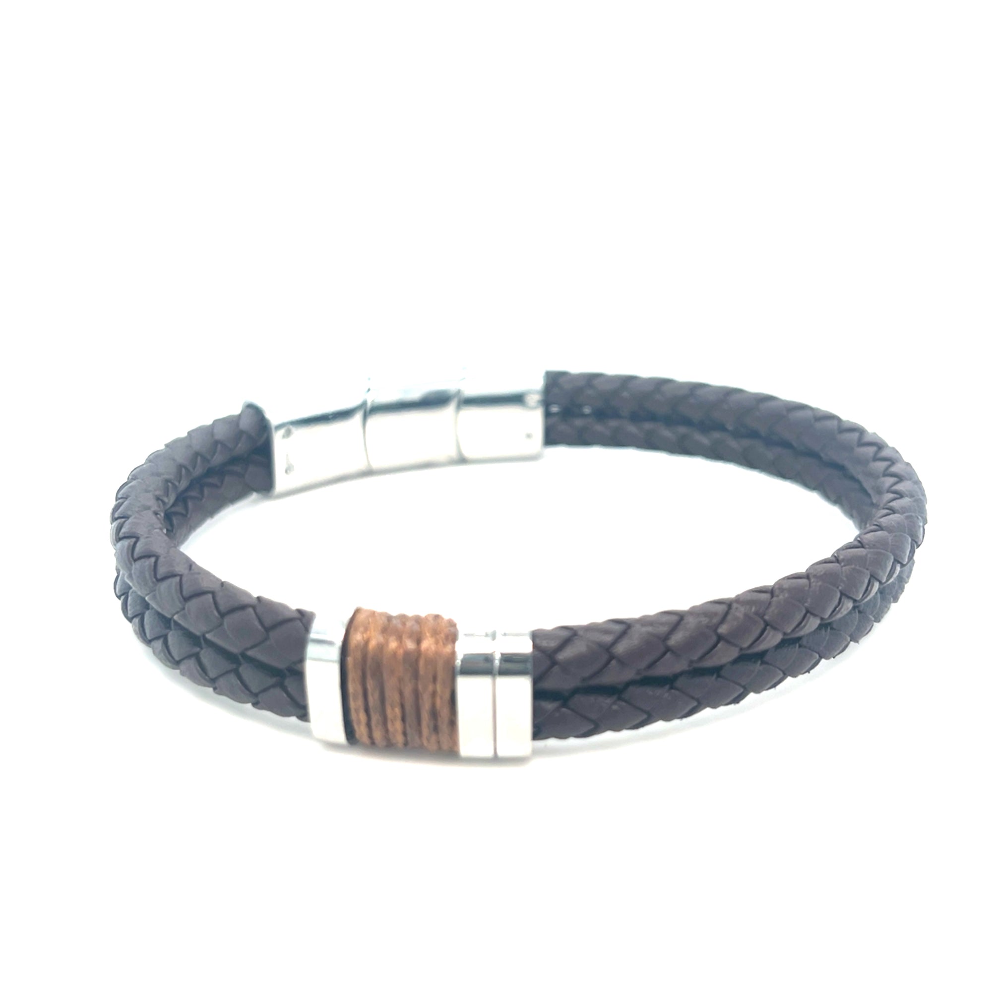 Mens Brown Leather Effect Two Plait Bracelet