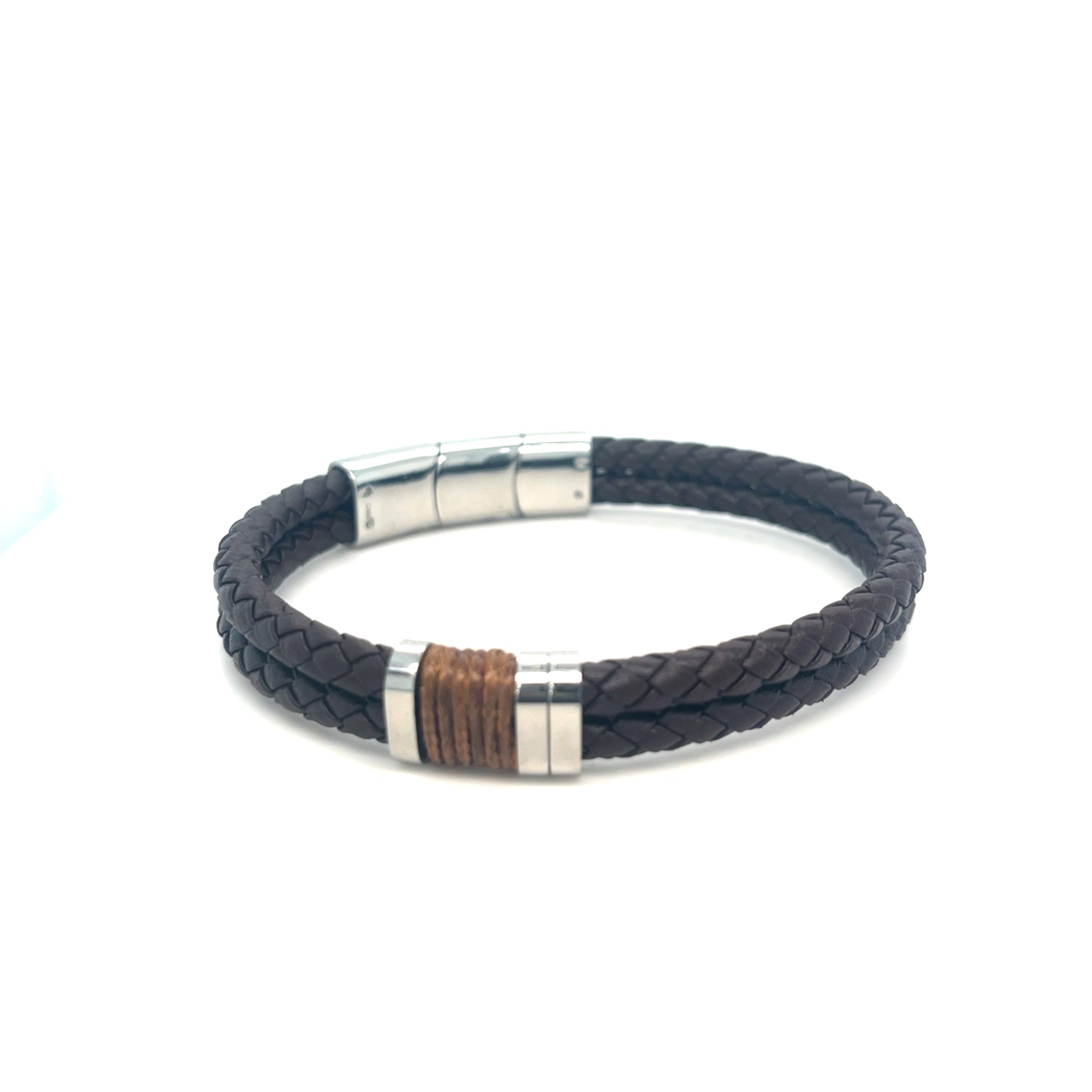 Mens Brown Leather Effect Two Plait Bracelet