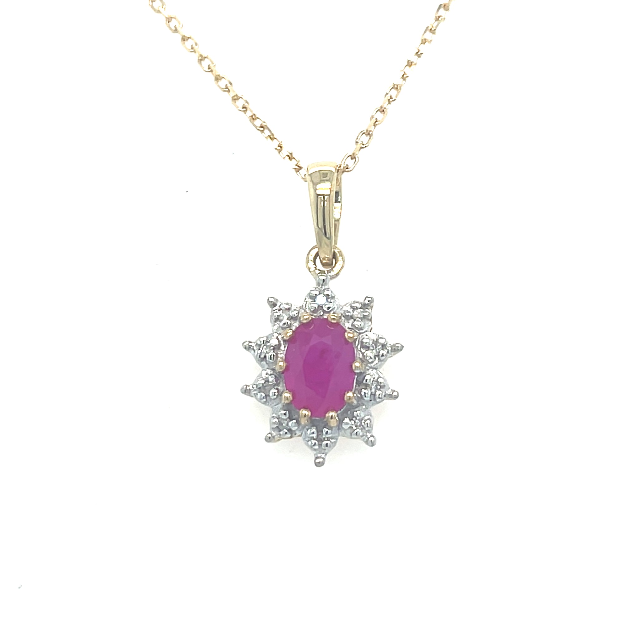 9kt Gold Diamond &amp; Ruby Cluster Pendant