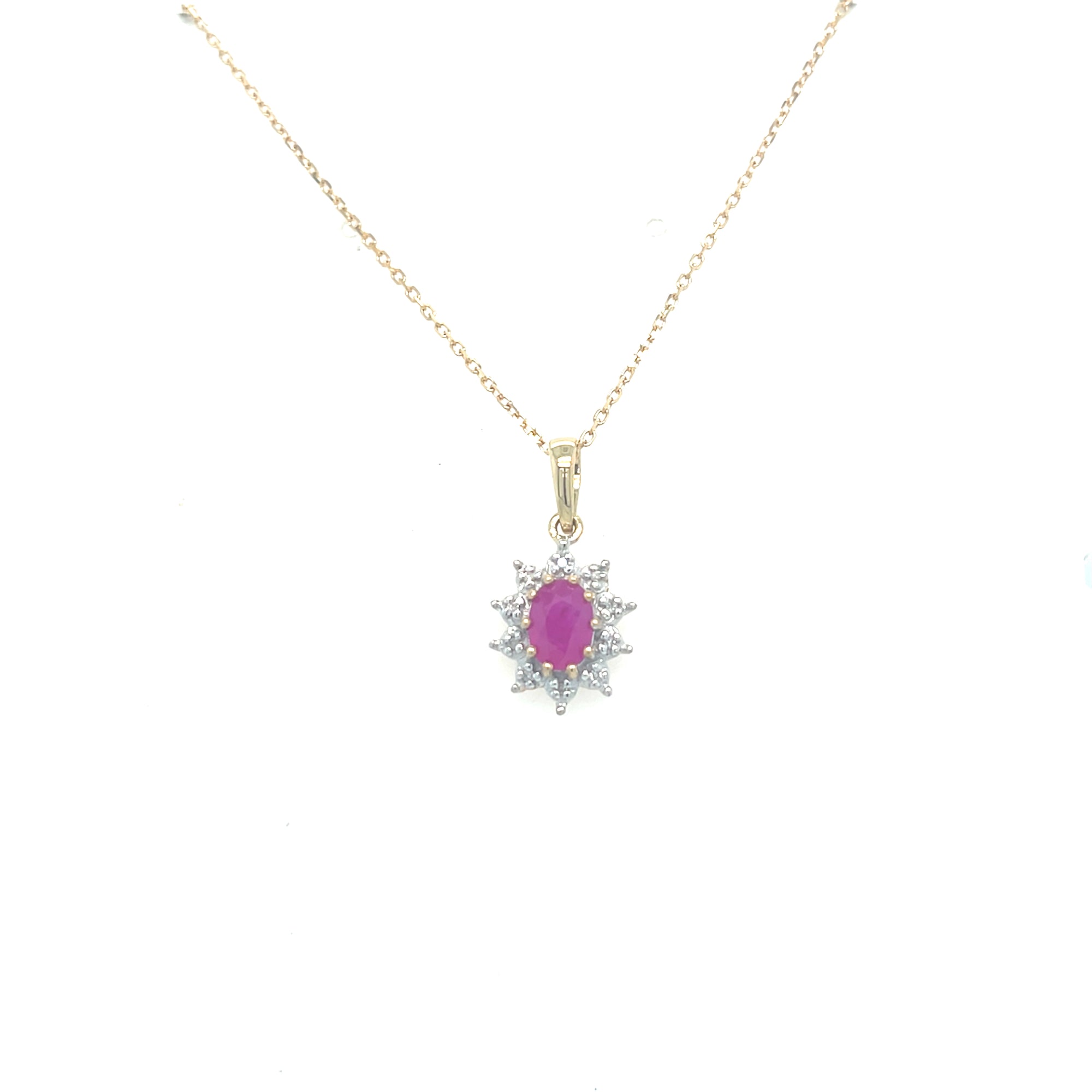 9kt Gold Diamond &amp; Ruby Cluster Pendant