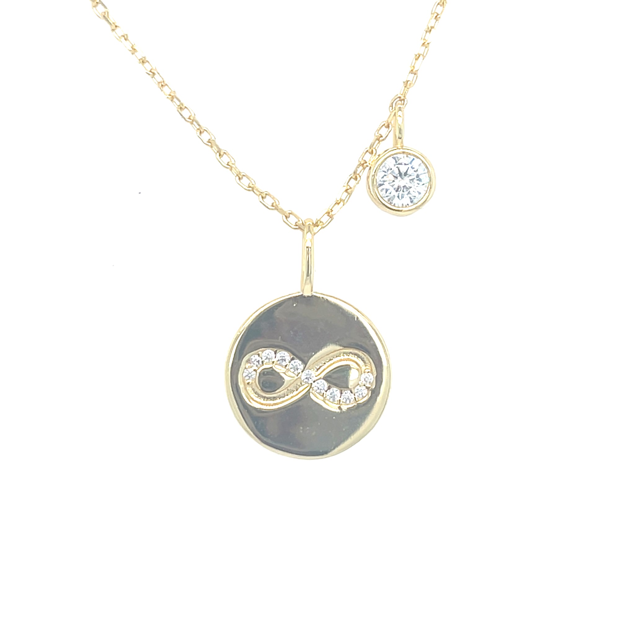 Gold Plated Infinity Disc and Clear Stone Pendant