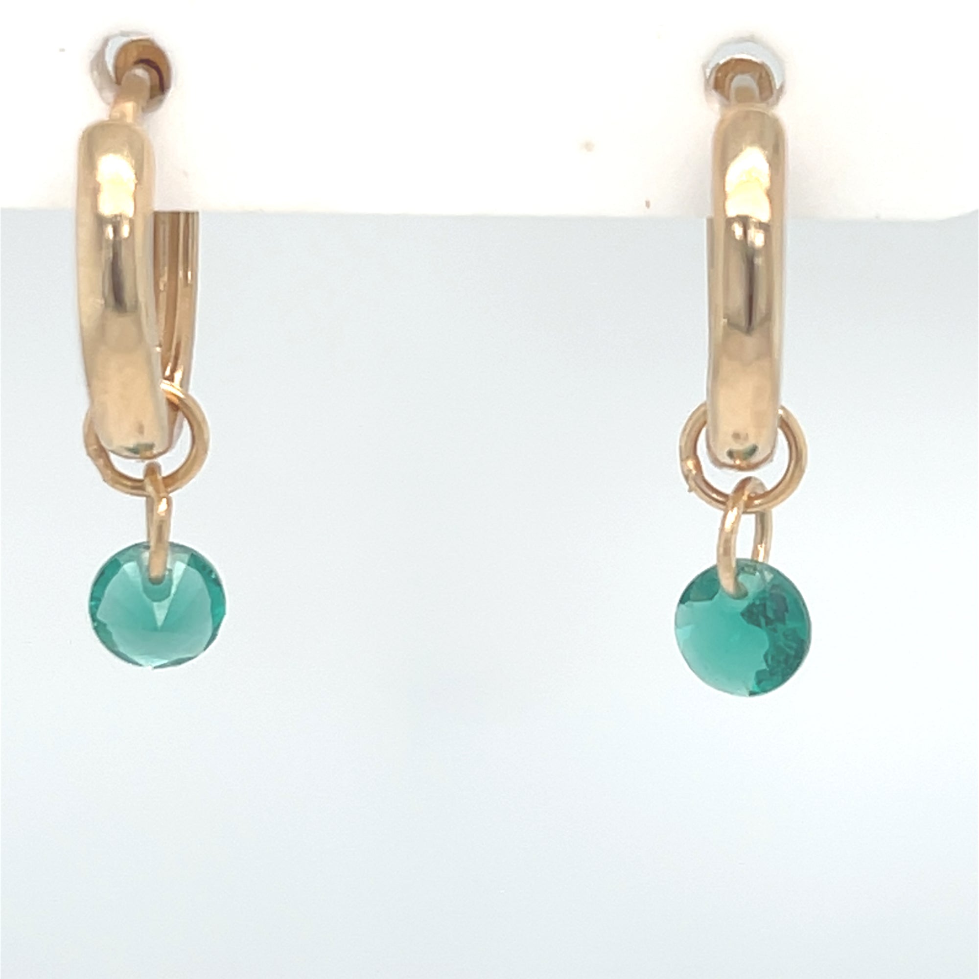 Gold Plated Small Hoop Earrings with Green Stone