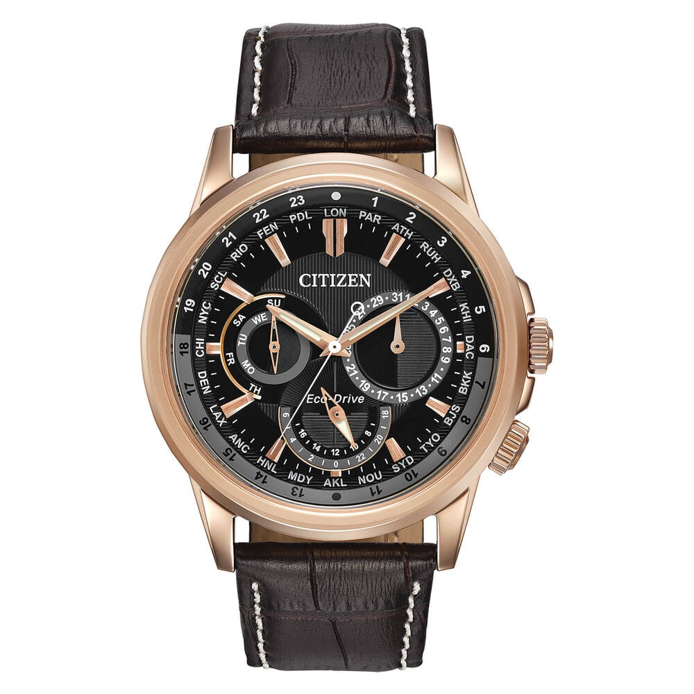 Citizen Eco Drive Calendrier World Time Black &amp; Rose Gold Chronograph Dial Leather Strap Watch