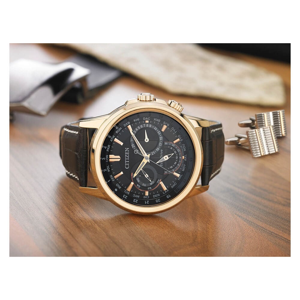 Citizen Eco Drive Calendrier World Time Black &amp; Rose Gold Chronograph Dial Leather Strap Watch