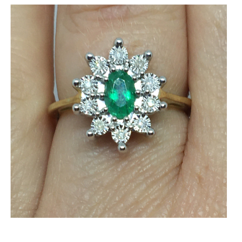 9ct Gold Cluster Diamond Ring with Emerald Stone