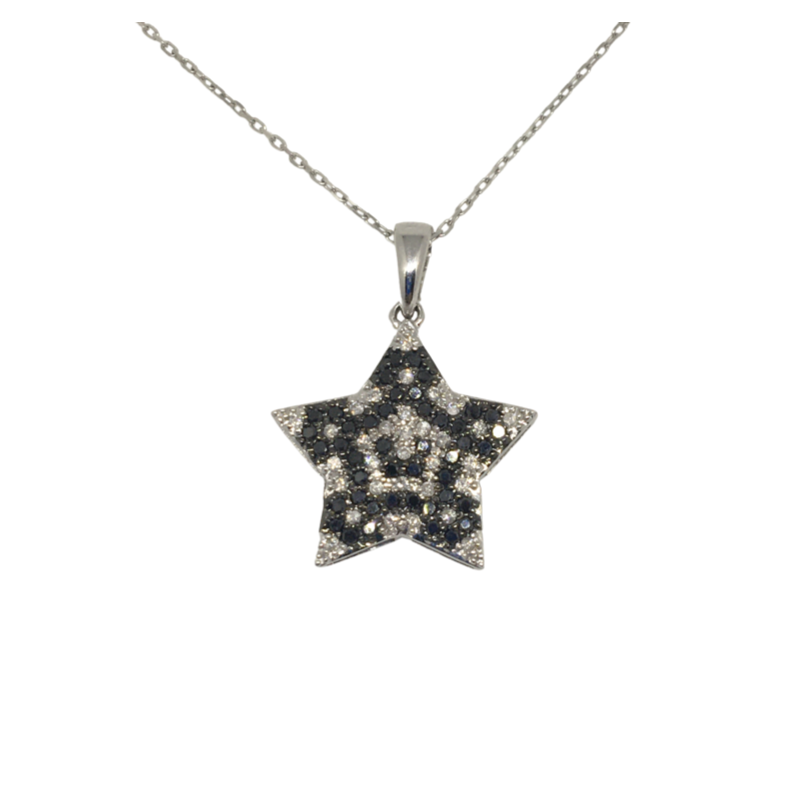 White Gold Star Shaped Pendant with White &amp; Black Diamonds