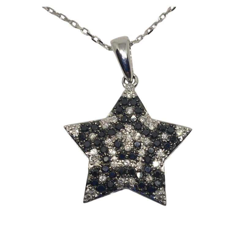 White Gold Star Shaped Pendant with White &amp; Black Diamonds