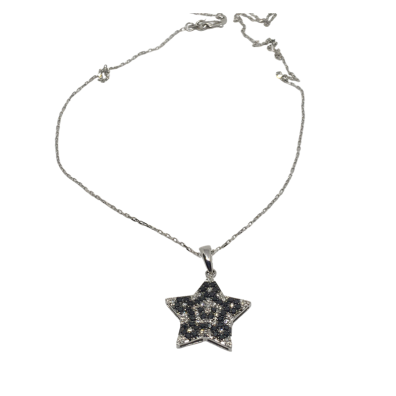 White Gold Star Shaped Pendant with White &amp; Black Diamonds