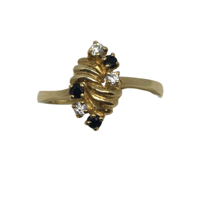 9ct Gold Dress Ring set with Dark Sapphire and Clear stones