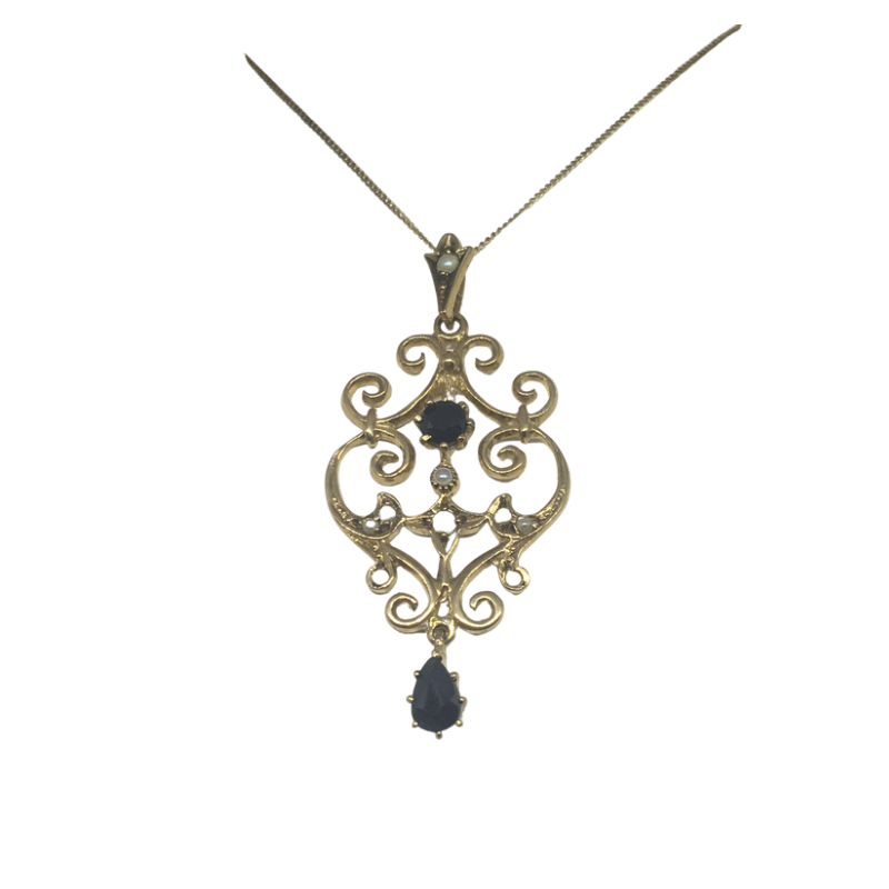 Gold Pendant with Sapphire and Cultured Seed Pearls