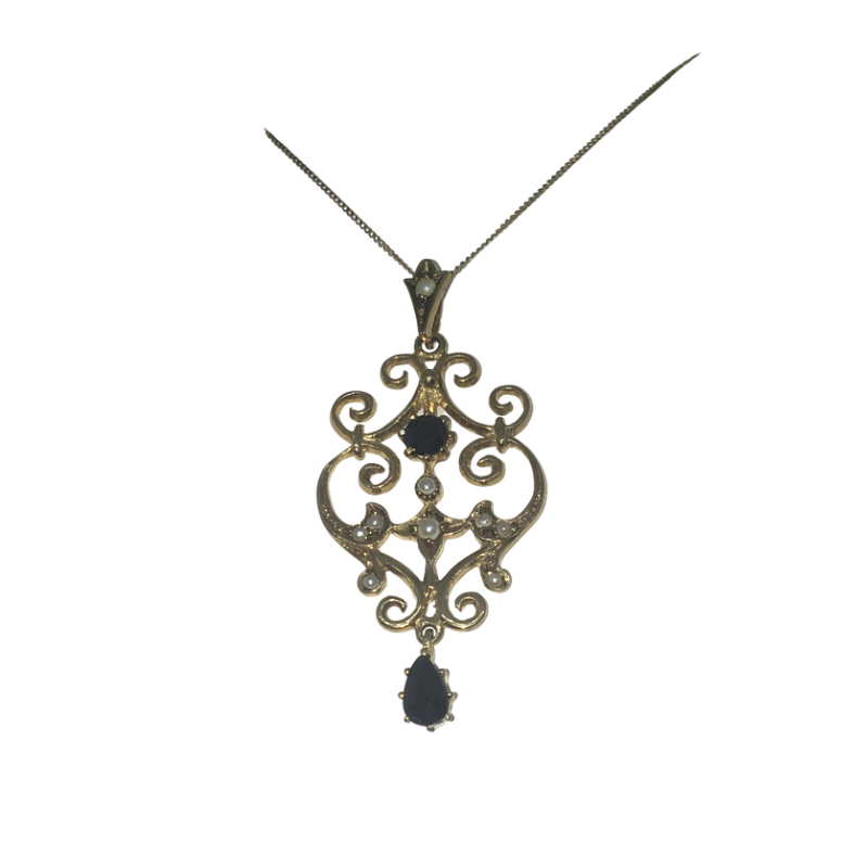 Gold Pendant with Sapphire and Cultured Seed Pearls