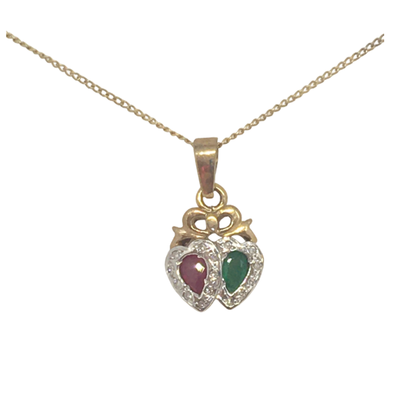 9ct Gold pendant with Ruby, Emerald and Diamonds