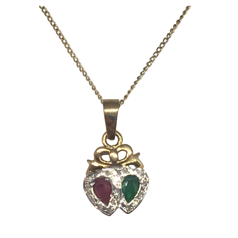 9ct Gold pendant with Ruby, Emerald and Diamonds
