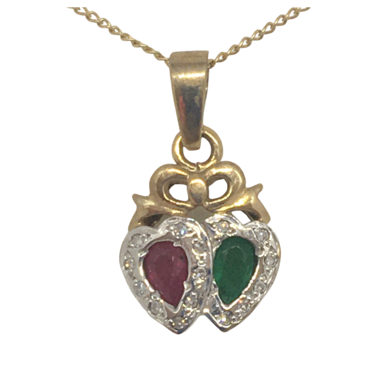9ct Gold pendant with Ruby, Emerald and Diamonds