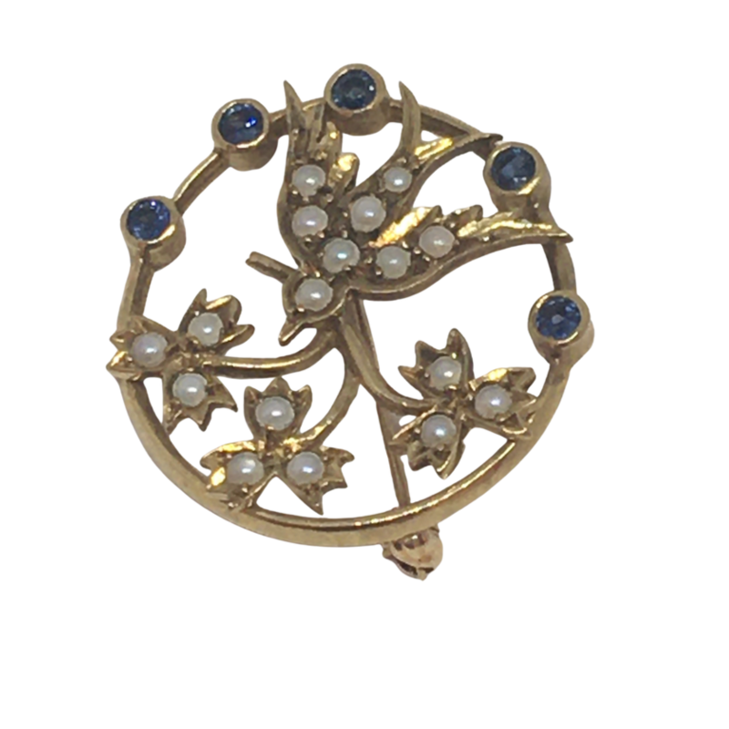Antique Gold Brooch with Sapphires and Seed Pearls