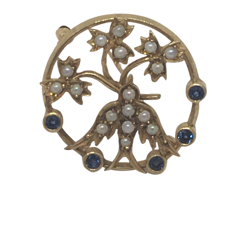 Antique Gold Brooch with Sapphires and Seed Pearls