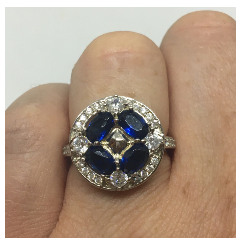 Round Silver Ring with Sapphire and Clear Stones