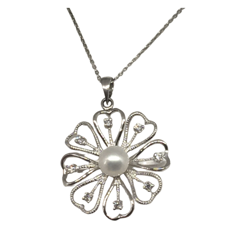 Sterling Silver Flower Shaped Pendant with Pearl