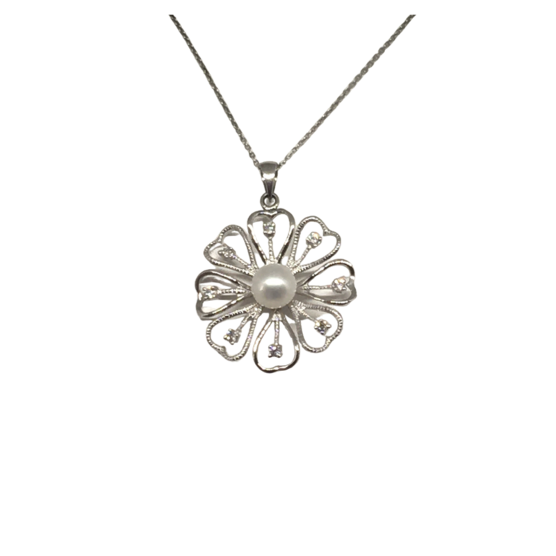 Sterling Silver Flower Shaped Pendant with Pearl
