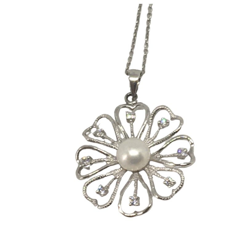 Sterling Silver Flower Shaped Pendant with Pearl