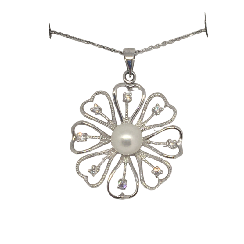 Sterling Silver Flower Shaped Pendant with Pearl