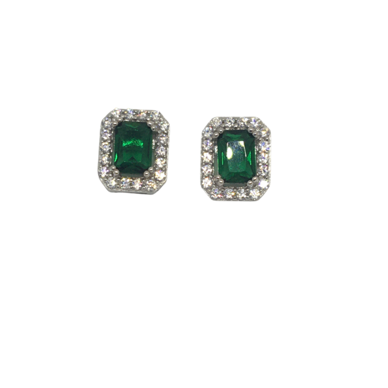 Sterling Silver Square Cluster Emerald Earrings