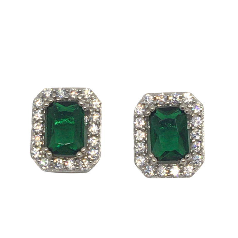 Sterling Silver Square Cluster Emerald Earrings
