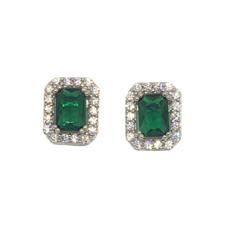 Sterling Silver Square Cluster Emerald Earrings