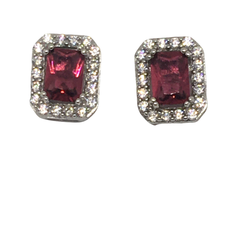 Sterling Silver Square Cluster Red Stone Earrings