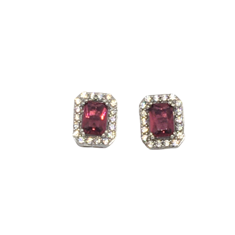 Sterling Silver Square Cluster Red Stone Earrings