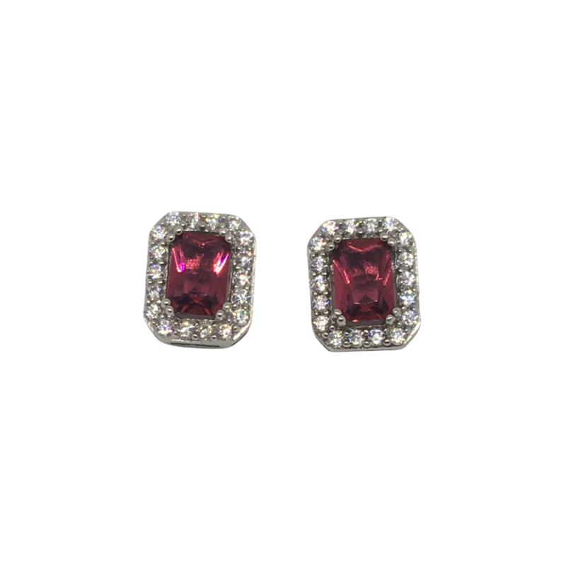 Sterling Silver Square Cluster Red Stone Earrings