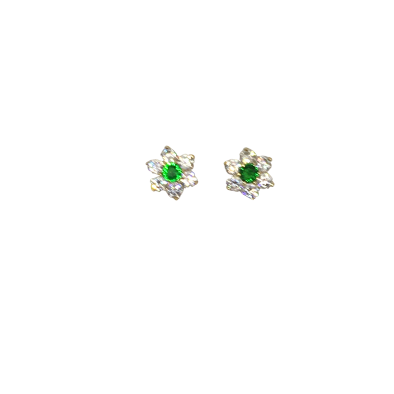 Stunning 9ct Gold Flower Earrings with Centre Green Stone