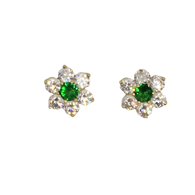 Stunning 9ct Gold Flower Earrings with Centre Green Stone