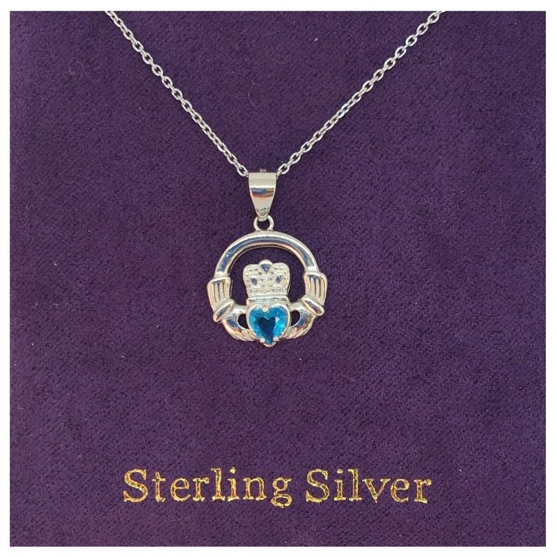 Sterling Silver Claddagh Pendant with December Birthstone