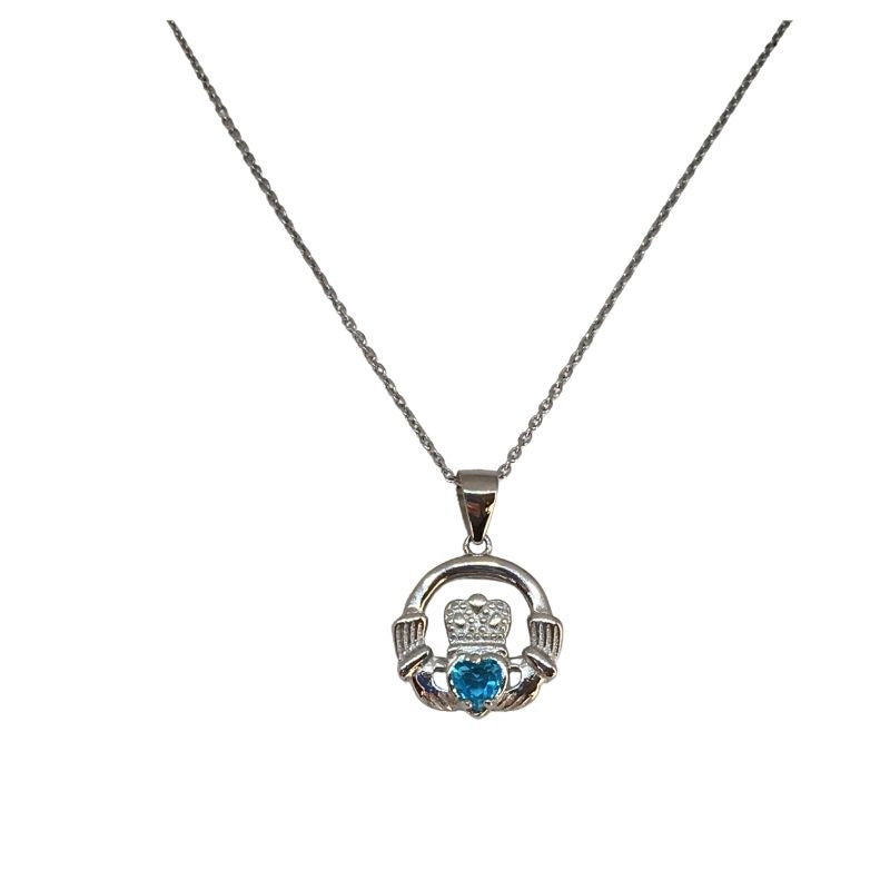Sterling Silver Claddagh Pendant with December Birthstone