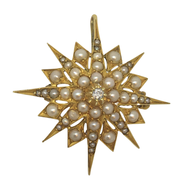 9kt Gold Antique Diamond and Seed Pearl Brooch/Pendant