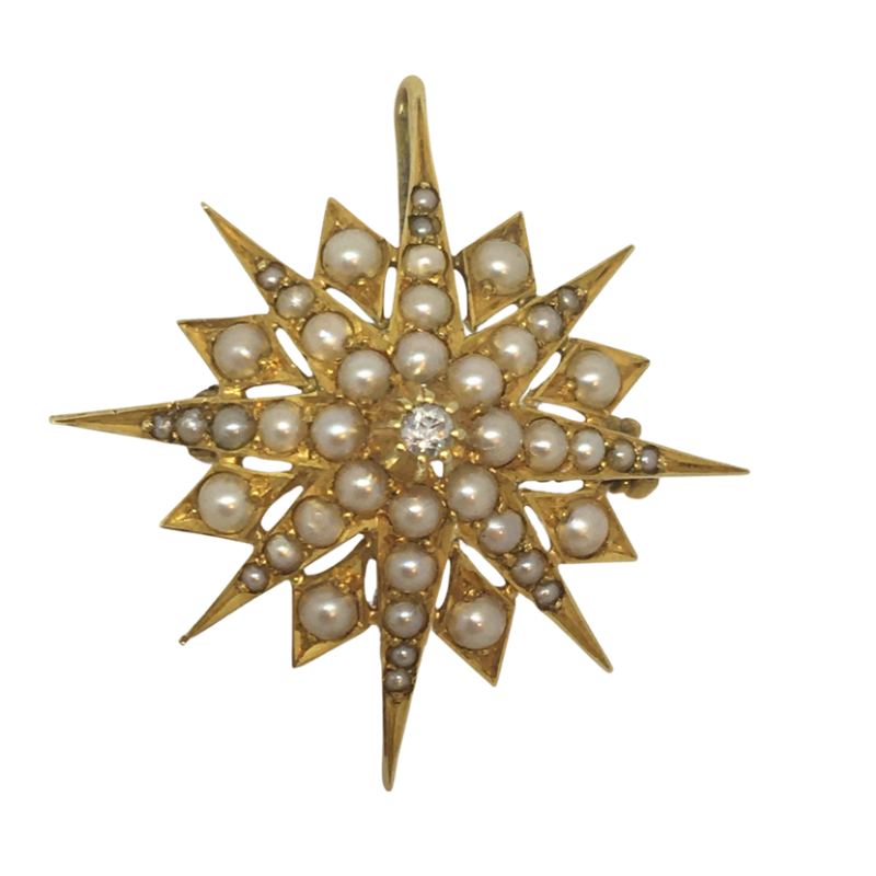 9kt Gold Antique Diamond and Seed Pearl Brooch/Pendant