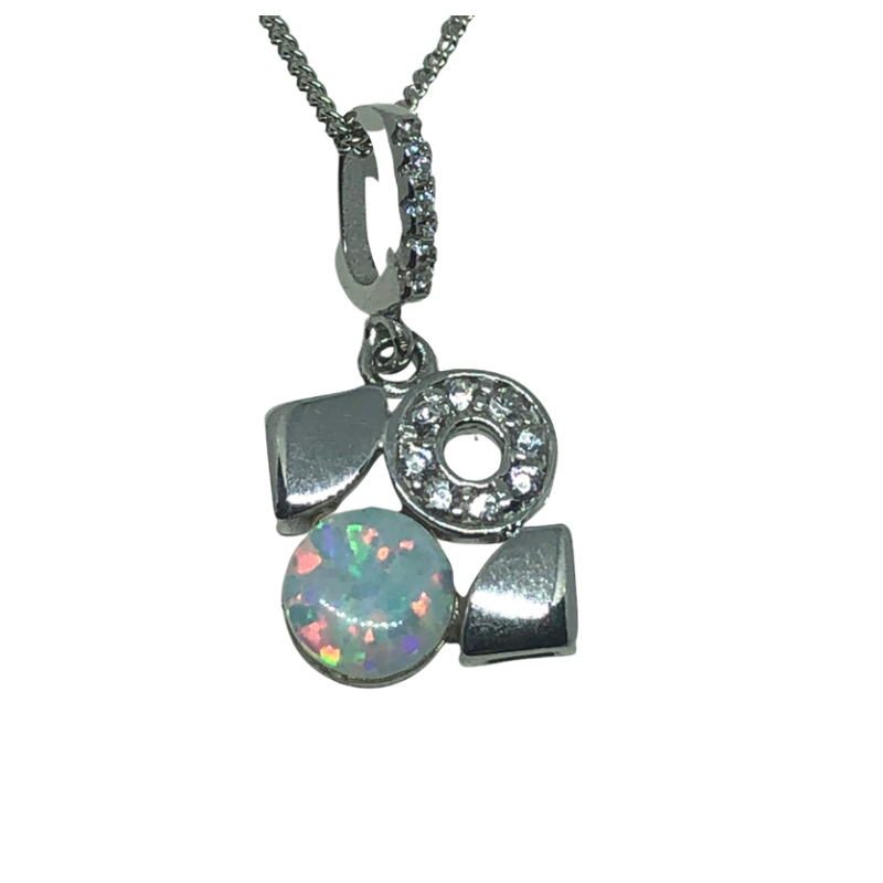 Sterling Silver Pendant with a Circle of Opal and a Circle of Clear stones