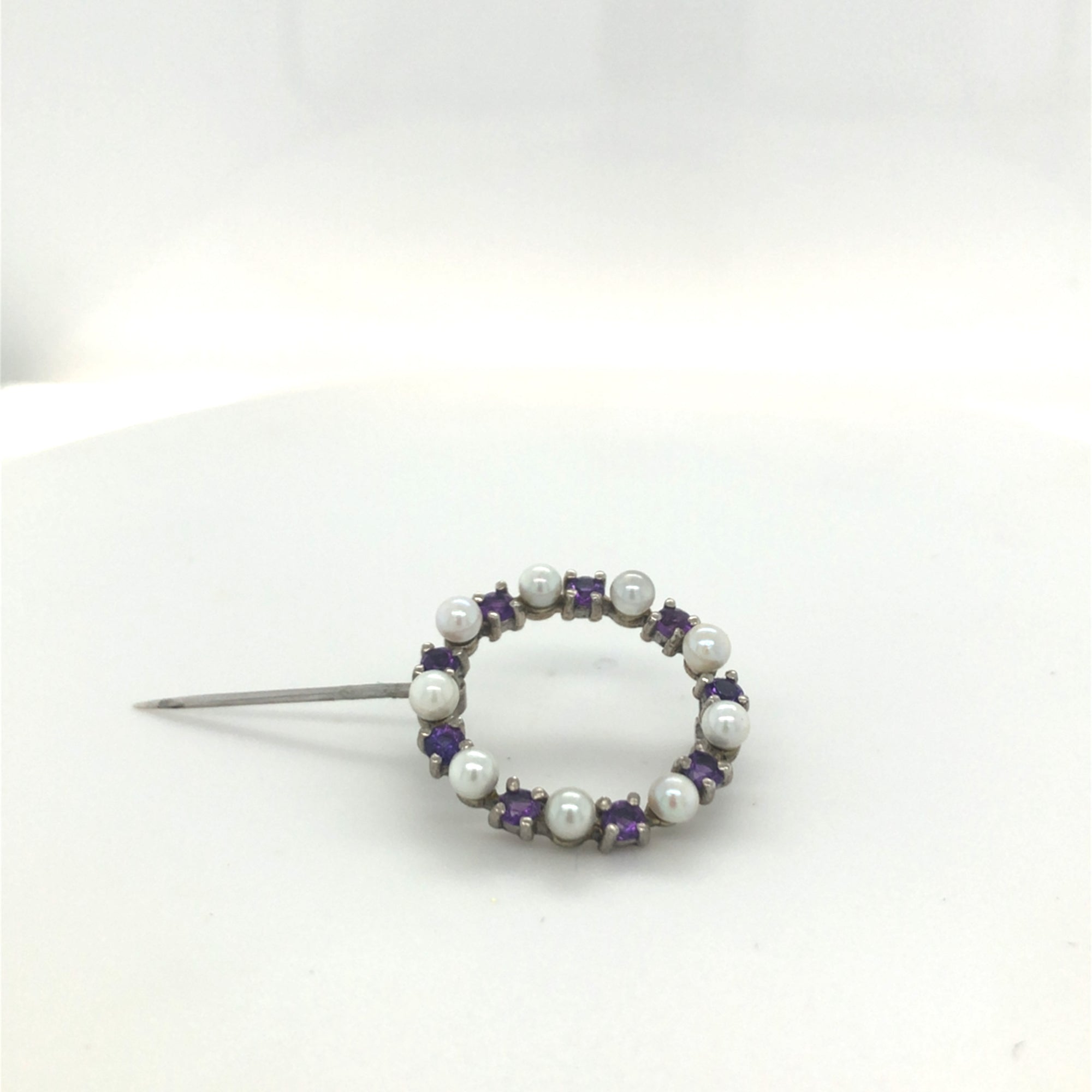 Antique Sterling Silver Pearl &amp; Amethyst Brooch
