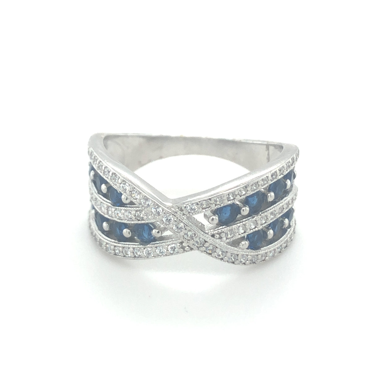 Sterling Silver Crossover Style Ring with Clear and Blue Stones