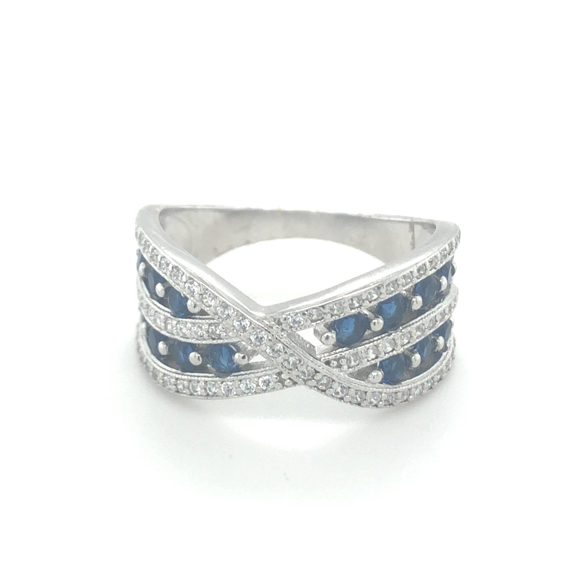 Sterling Silver Crossover Style Ring with Clear and Blue Stones