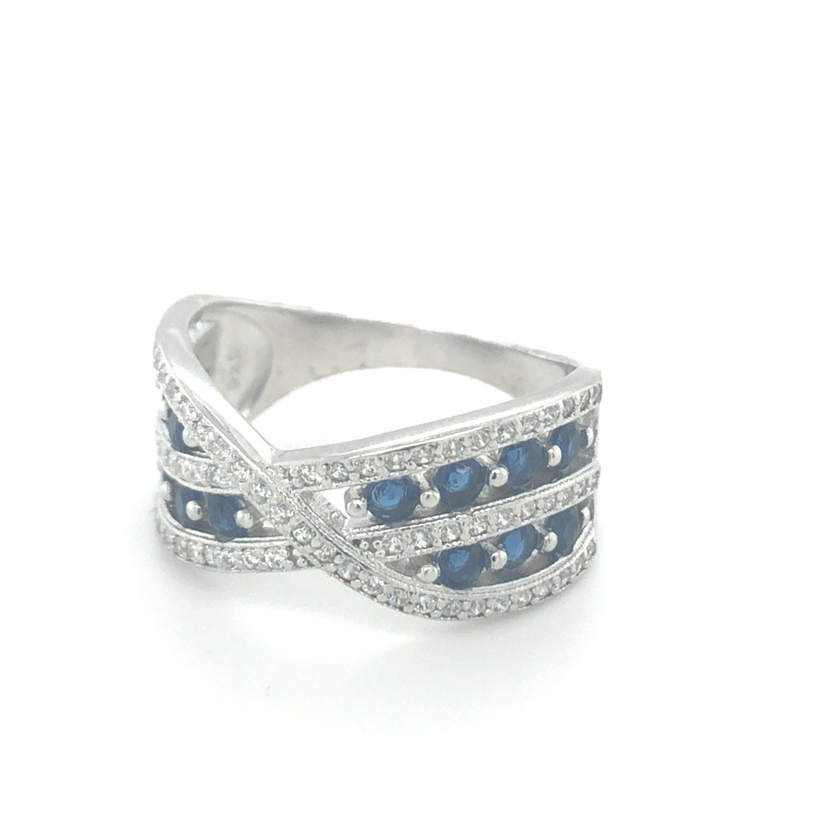 Sterling Silver Crossover Style Ring with Clear and Blue Stones