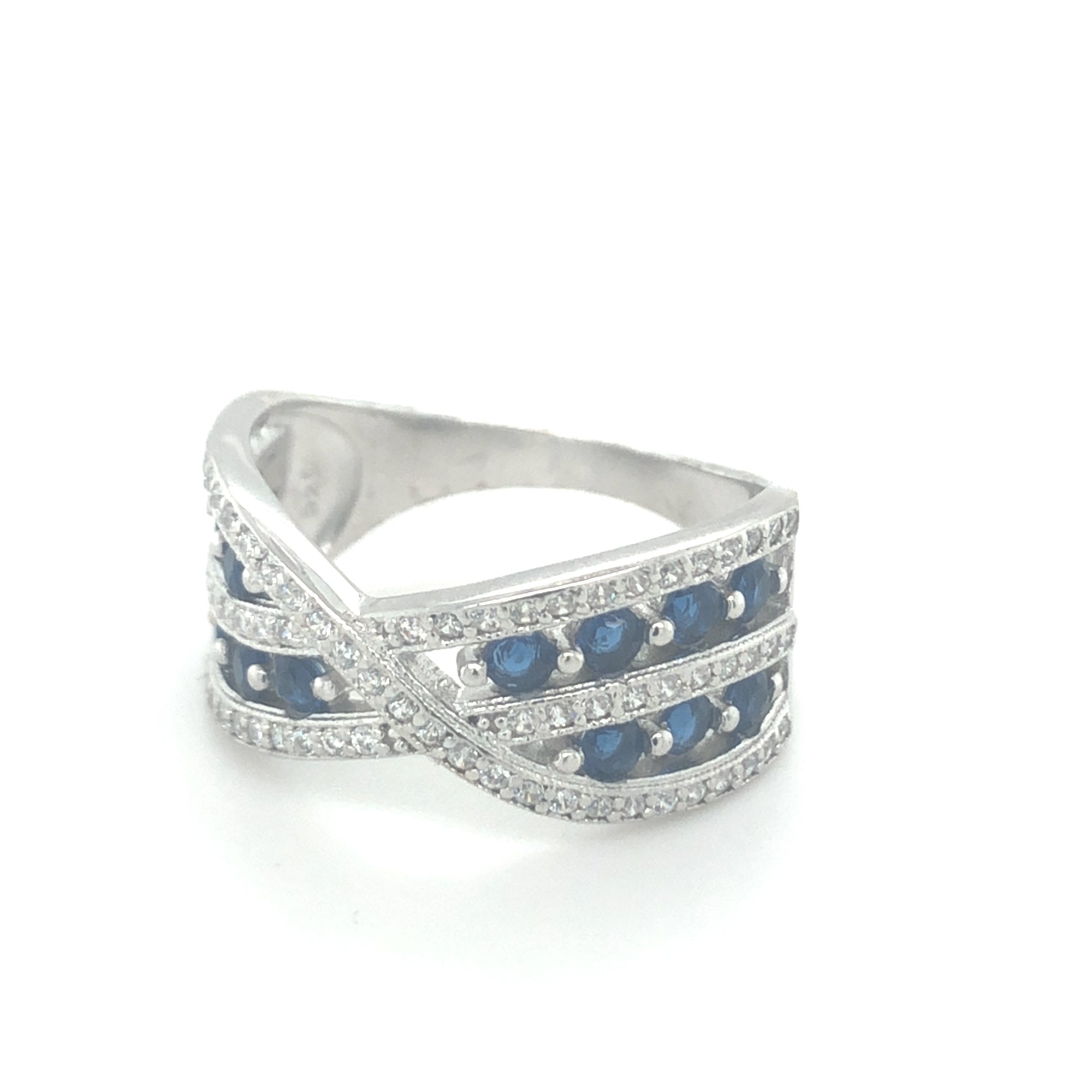 Sterling Silver Crossover Style Ring with Clear and Blue Stones