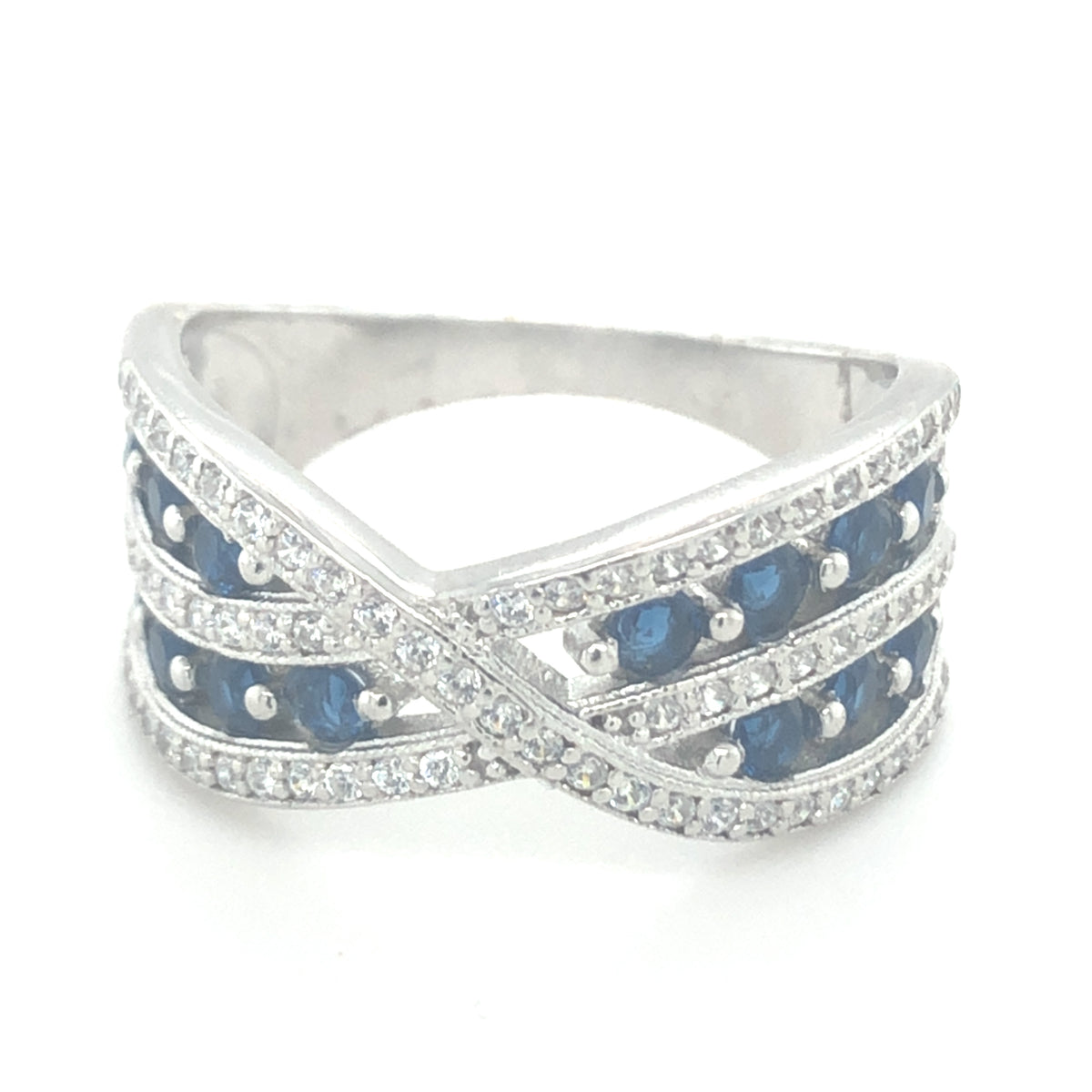 Sterling Silver Crossover Style Ring with Clear and Blue Stones