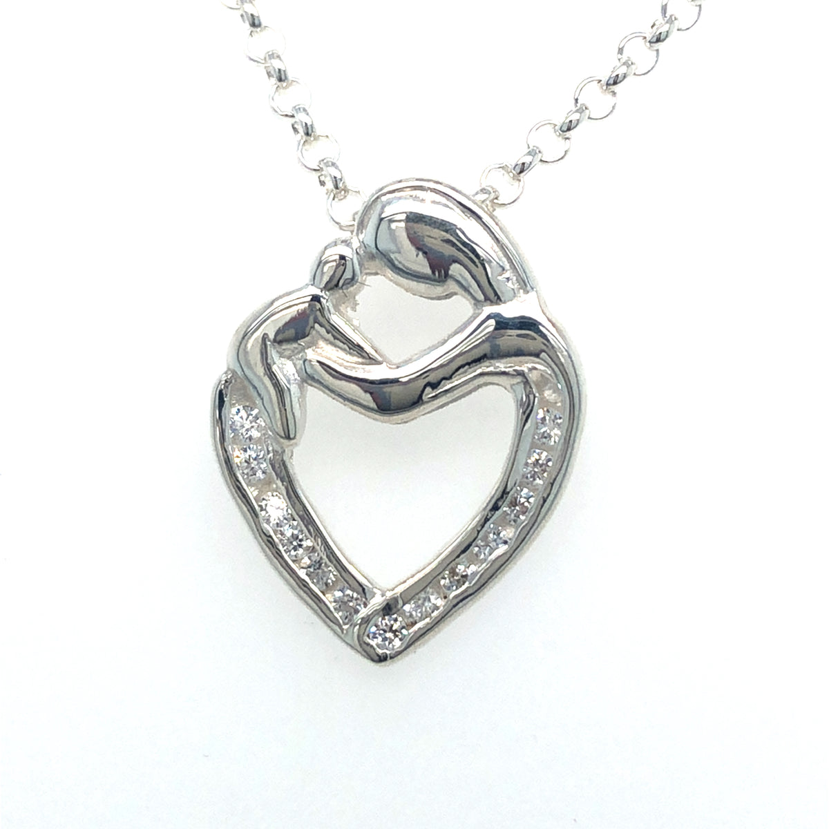 Sterling Silver Heart Shaped Mother &amp; Baby Love Pendant