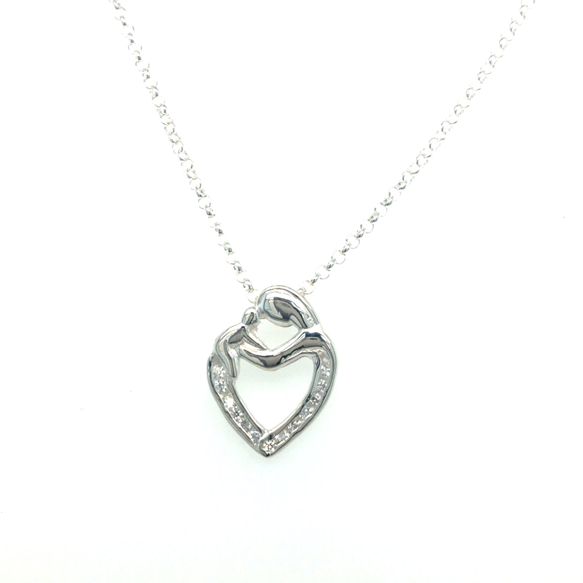 Sterling Silver Heart Shaped Mother &amp; Baby Love Pendant