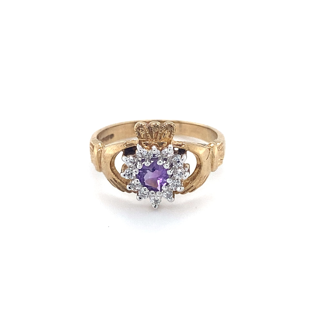 9kt Gold Claddagh Ring with Purple &amp; Clear Stones