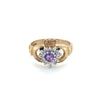 9kt Gold Claddagh Ring with Purple &amp; Clear Stones
