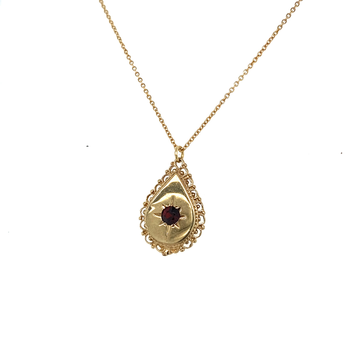 9kt Gold Pear Shaped Pendant with Centre Garnet Stone
