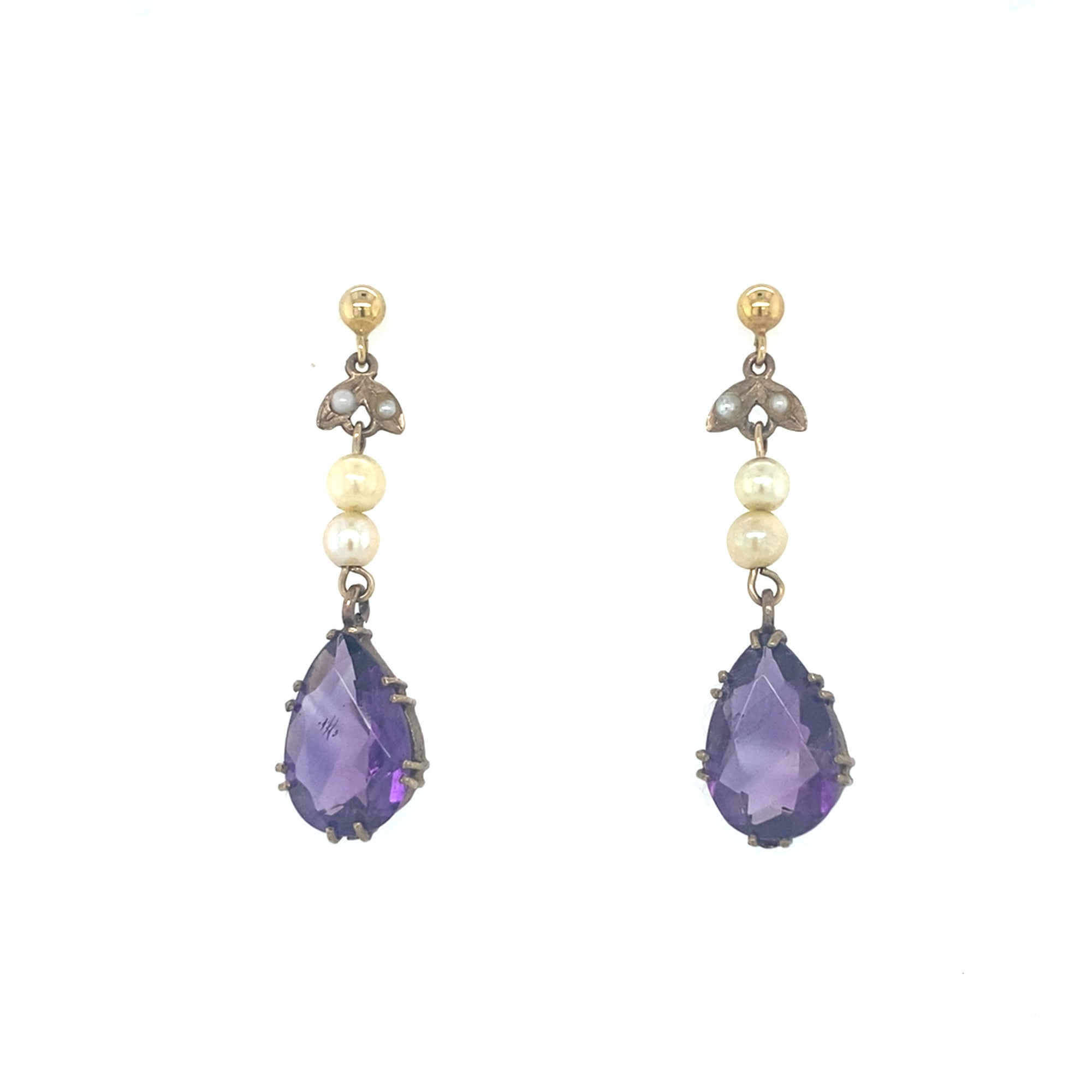 Antique 9kt Gold Amethyst &amp; Pearl Earrings